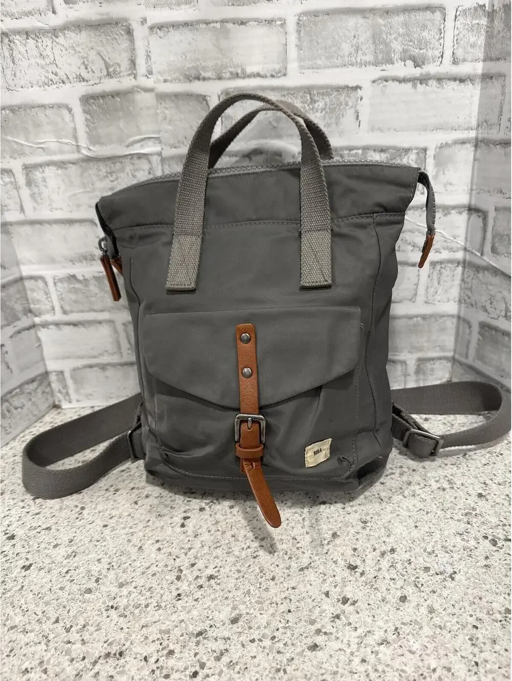 Roka Gray Canvas Backpack with Brown Leather Strap